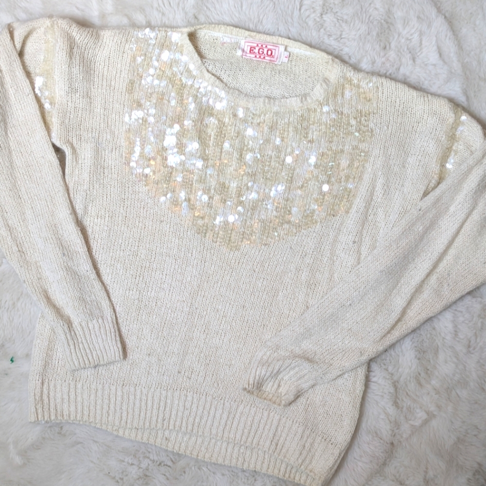 EGO 1970s Cream Sweater with Sequin Detail